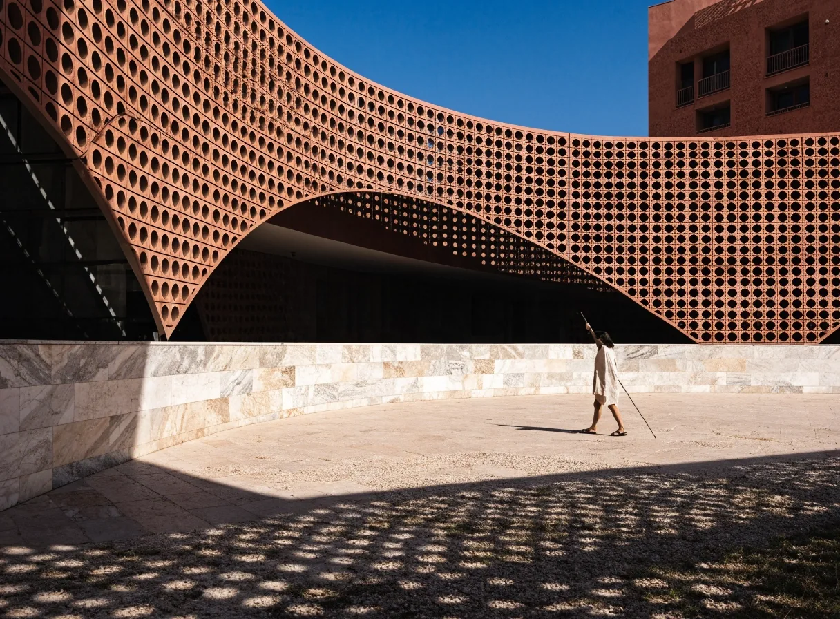 Coursed marble and terracotta lattice facade of the museum at hard noon light