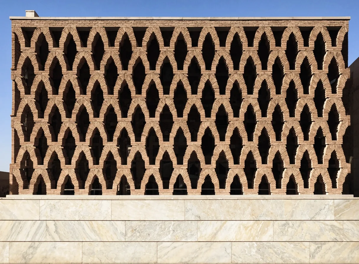 Coursed marble and terracotta lattice wall of the museum under hard noon light, with deep shadow slots across the stone