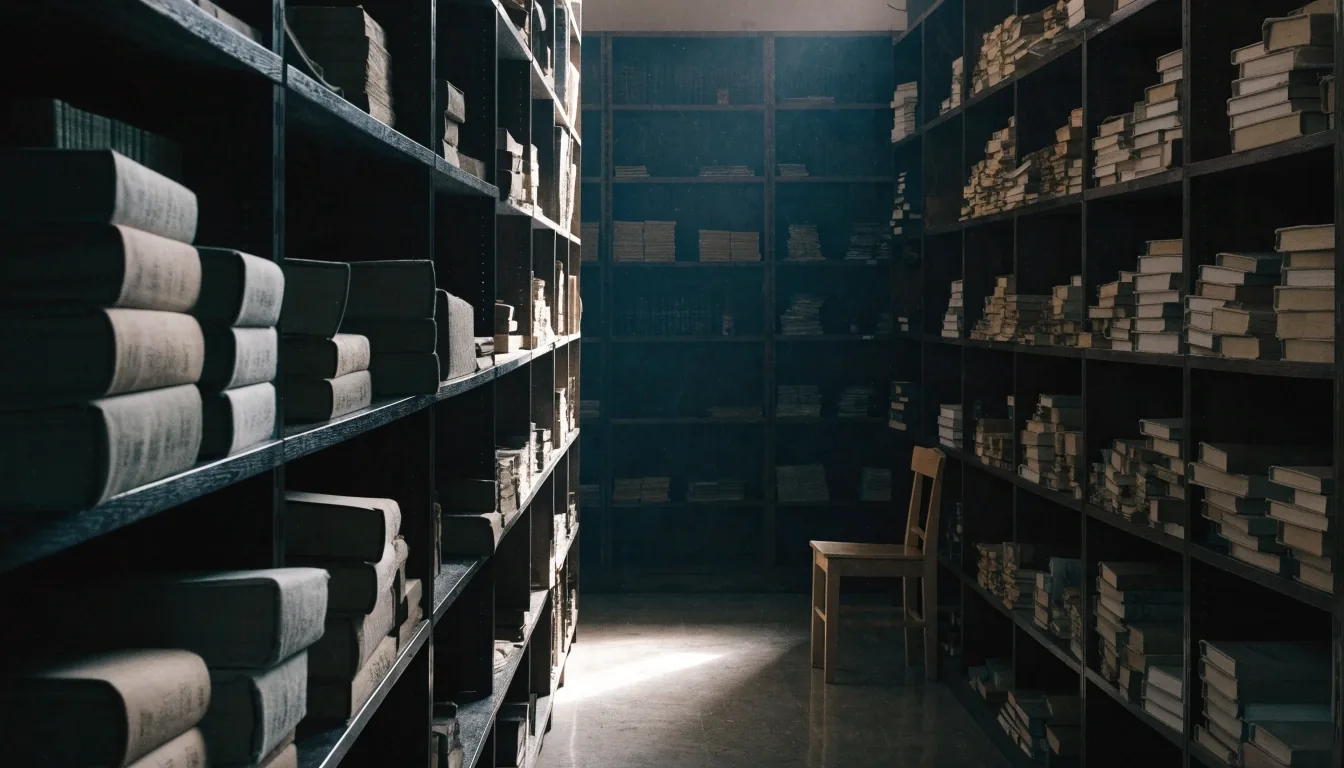 Dim museum research library shelving with a shaft of light across the aisle