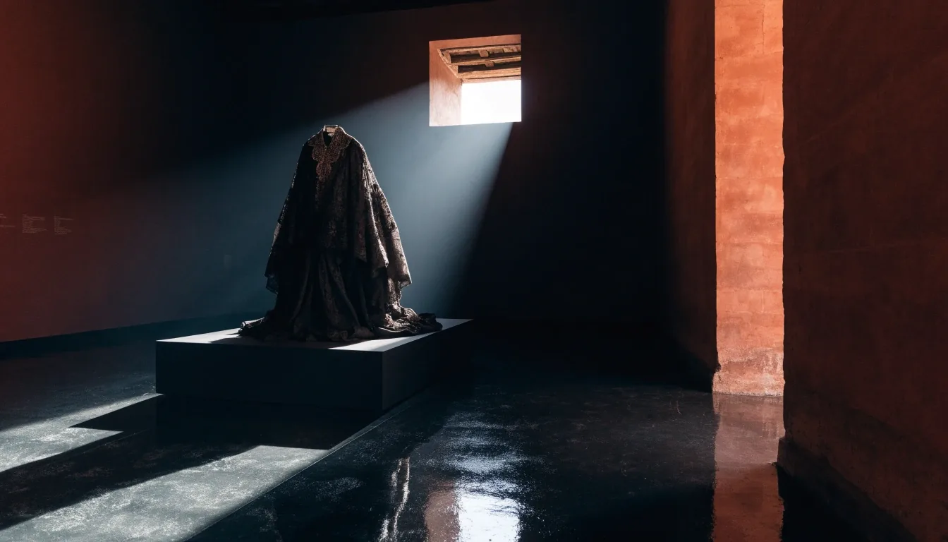 Gallery wall of the Marrakech museum lit by a single overhead aperture, with one dark garment form on a plinth