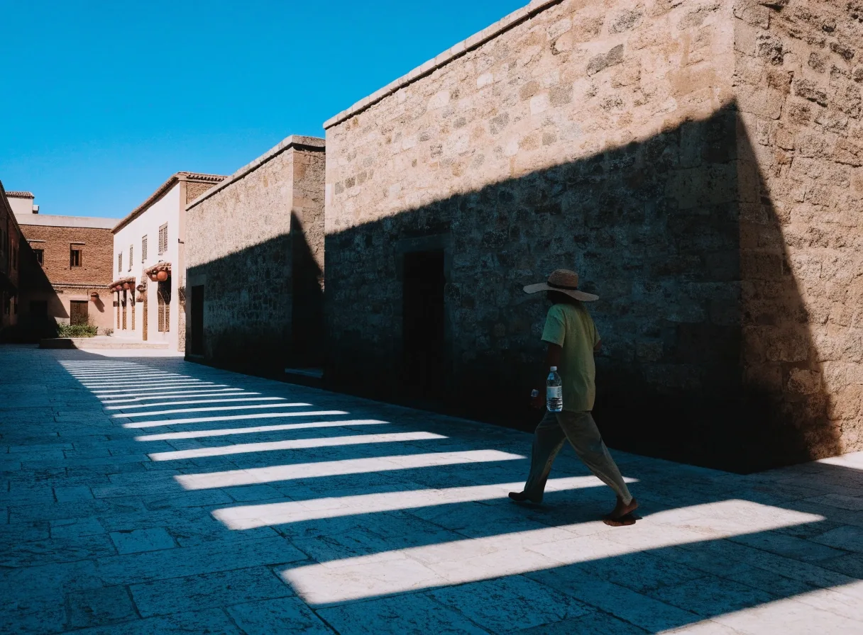 Courtyard wall in blue shadow meeting a hard-lit floor at the museum in Marrakech