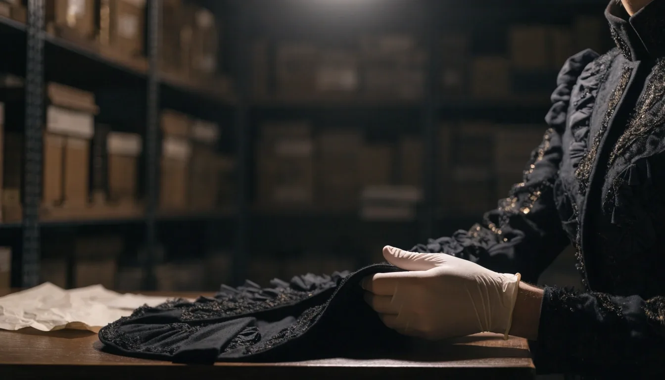 A conservator's hand lifting the edge of an archival garment on a reading table in the museum's dim library