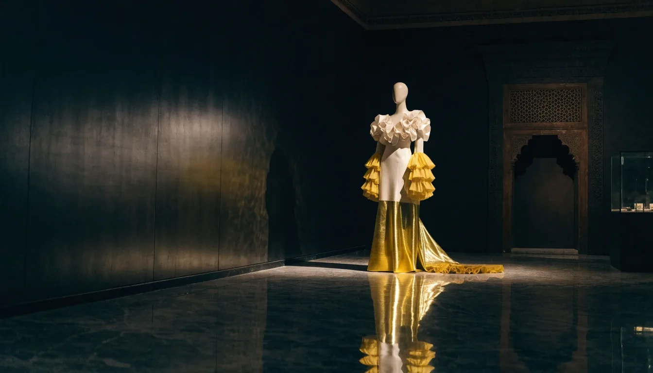 A single colour-blocked garment hanging in a pool of light against a long dark gallery wall