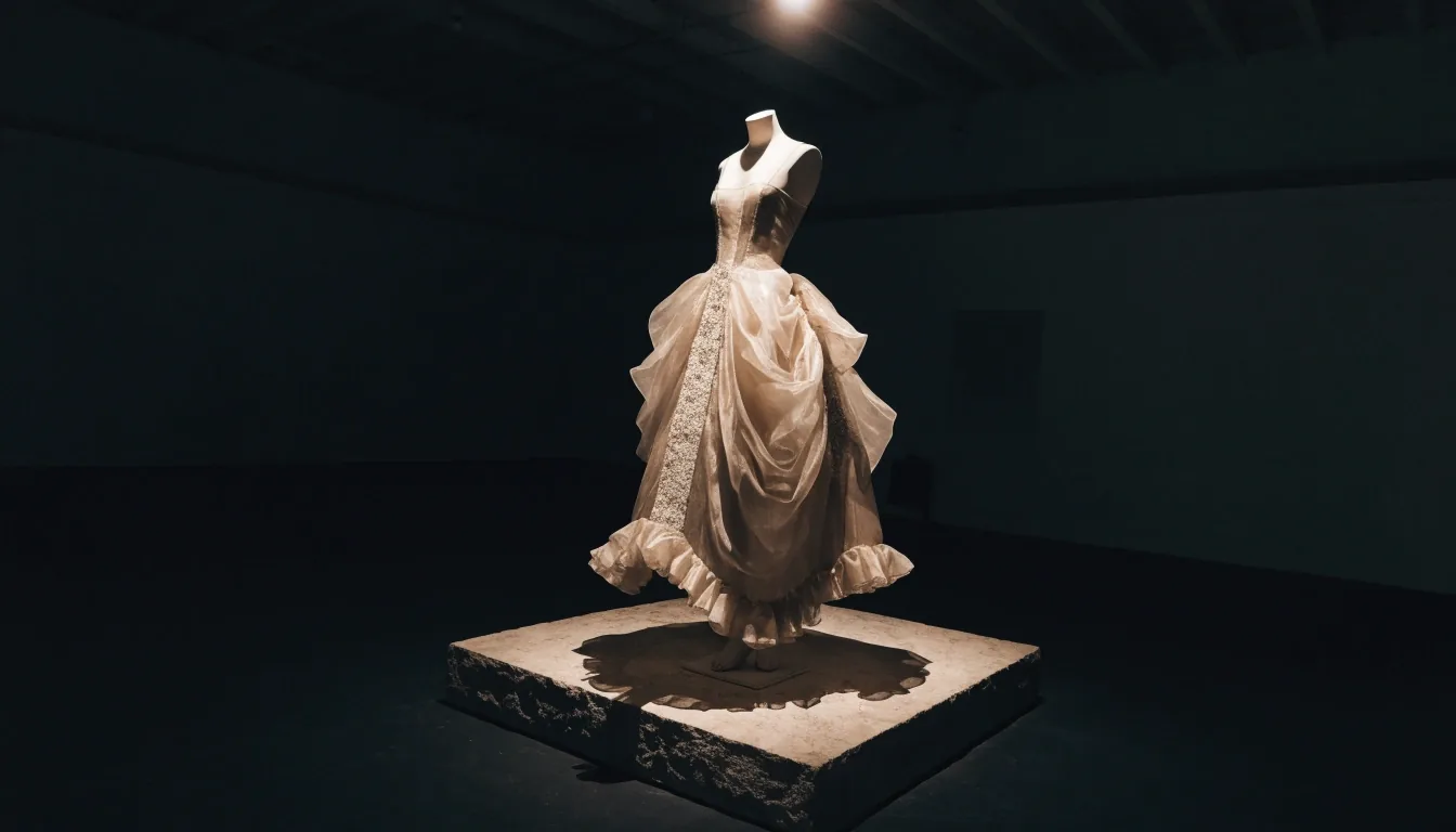 A single archival couture garment on a plinth under one hard pool of light in the permanent gallery