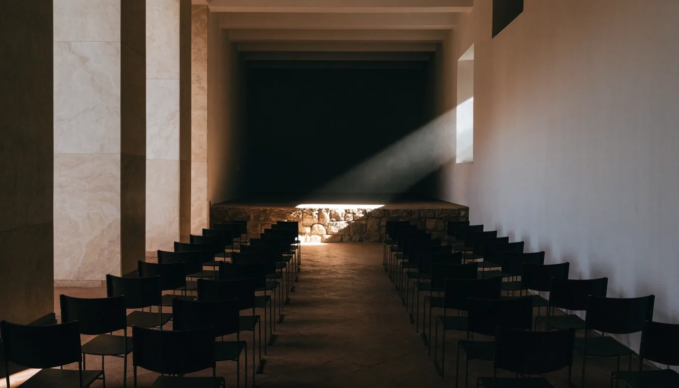 Empty auditorium seating facing a low stage under a shaft of daylight