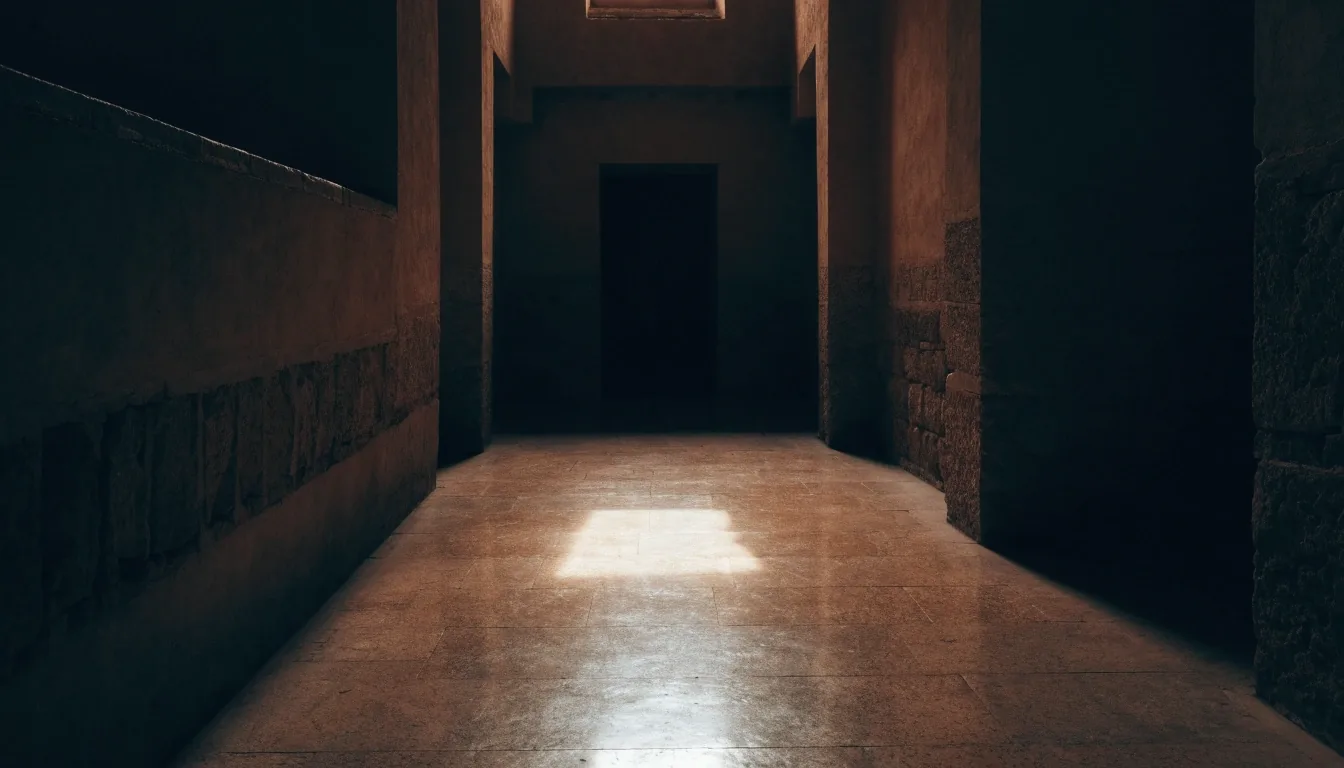Quiet museum passage with a stone floor and a single pool of daylight, empty walls in deep shadow